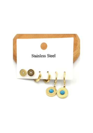 Çelik Mavi Taşlı Yuvarlak Üçlü Küpe Seti Mavi