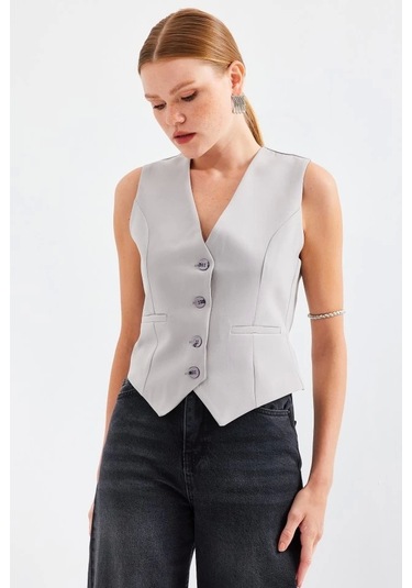 6796 Kısa Dokuma Yelek - Gri Gri