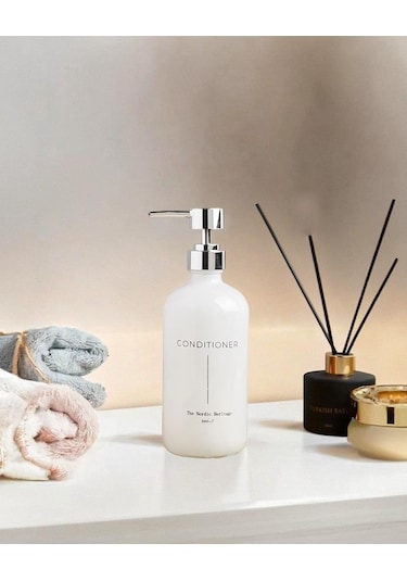 Büyük Boy Cam Sıvı Sabunluk - Dekoratif Cam Şampuanlık - 500 Ml - 21x7 001