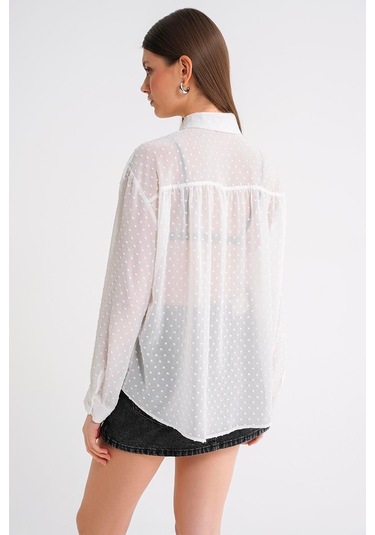 4678 Kadın İnce Desenli Robalı Yazlık Transparan Gömlek Beyaz Beyaz