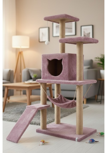 Missidea S9 Kedi Tırmalama Kulesi Platformlu 124 Cm Gül Kurusu