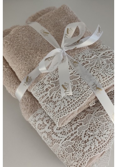 Gipür Dantelli Banyo Havlusu Takımı-%100 Pamuk Banyo Seti-gelin Havlusu Pudra Pudra