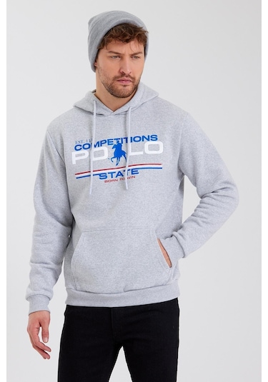 Polostate Erkek Kapüşonlu Baskılı 3 İplik Sweatshirt Gri