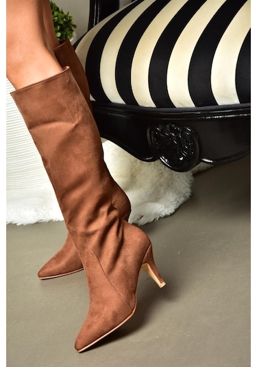 Fox Shoes R372453002 Taba Süet İnce Topuklu Kadın Çizme Taba