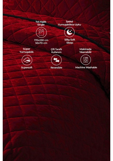 Evlen Home Kapitone Kadife Yatak Örtüsü Seti Tek Kişilik Supersoft 2 Parça Yumuşak Elyaf Dolgulu Kırmızı Kırmızı