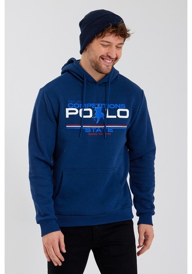 Polostate Erkek Kapüşonlu Baskılı 3 İplik Sweatshirt İndigo