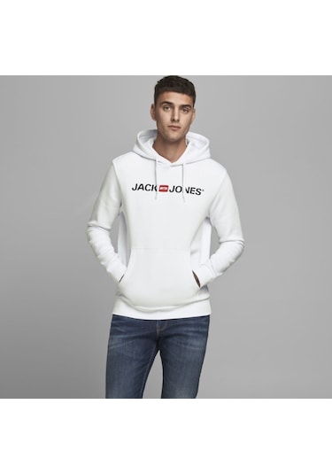 Jack & Jones Kapüşonlu Logolu Sweatshirt- Corplogo 12137054 White Beyaz
