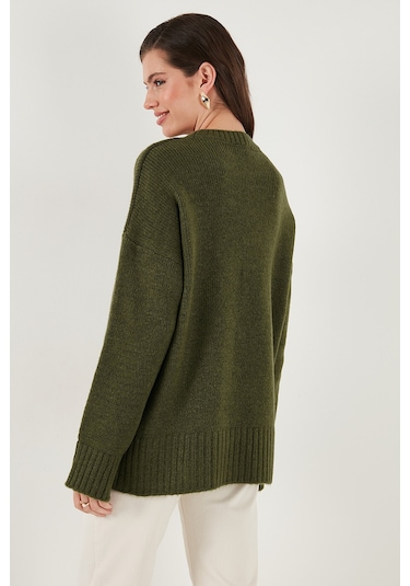 Lela Regular Fit Bisiklet Yaka Basic Triko Bayan Kazak 4616213 Haki