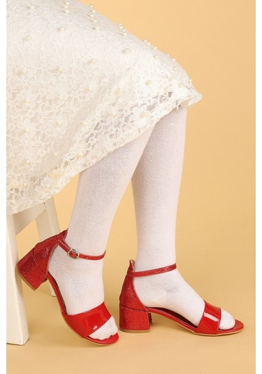 Kiko Kids 768 Ayna Kum Günlük Kız Çocuk 3 CM Topuklu Sandalet Ayakkabı Kırmızı 001