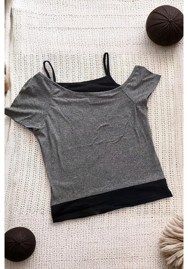 Antrasit Vintage Guitar Açık Yaka Gotik Y2k Ek Askılı Crop-17976 Antrasit