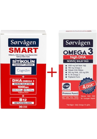 Sorvagen Smart Sitikolin DHA Omega 3 B12 30 Kapsül + Sorvagen Omega 3 High DHA Norveç Balık Yağı