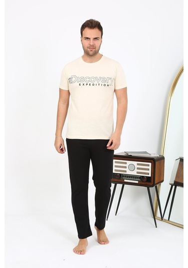 Akbeniz Erkek Kısa Kol Penye Pijama Takımı 6866 Krem Krem
