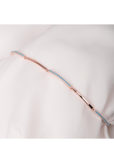 Gümüş Bileklik - Sıra Firuze Turkuaz Taşlı Modern Tasarım Şık 925 Ayar Gümüş Bileklik Gümüş