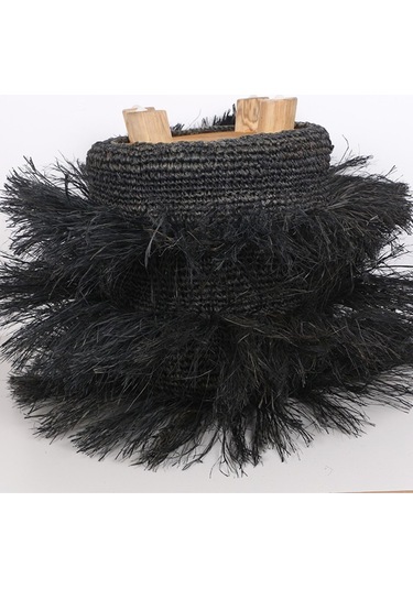 Rafya Saçaklı Siyah Puf 45x48 Cm Siyah