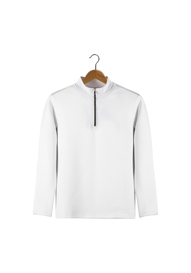 Erkek Beyaz Rahat Kalıp Yarım Fermuarlı Bato Yaka Basic Sweatshirt 21k-5200179-2 Beyaz