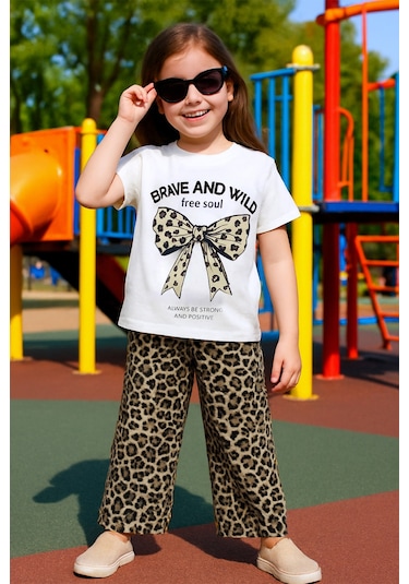 Kız Çocuk Yazlık İkili Takım Leopar Baskılı B46 Krem