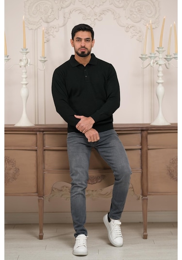 Woolen World Polo Yaka Düz Renk Yünlü Erkek Triko Kazak Siyah