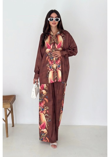 Saten Kumaş Desenli Takım Kahverengi Kahverengi