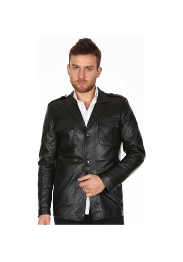 Hakiki Kuzu Derisi Düğmeli Gömlek Yaka Cepli Erkek Ceket Siyah Karışık / Çok Renkli