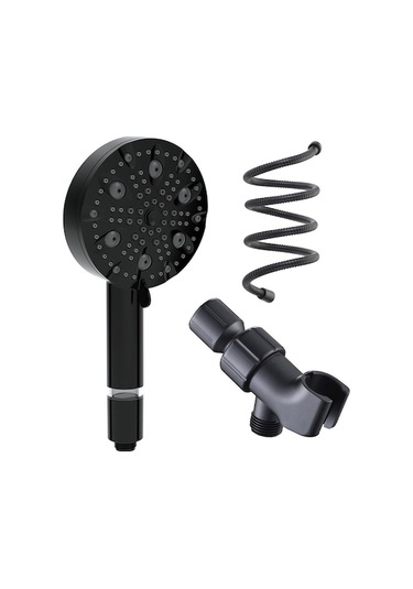 Su Tasarruflu 10 Modlu El Tipi Filtreli Duş Başlığı, Paslanmaz Çelik Hortum + Braket, Mat Siyah Siyah