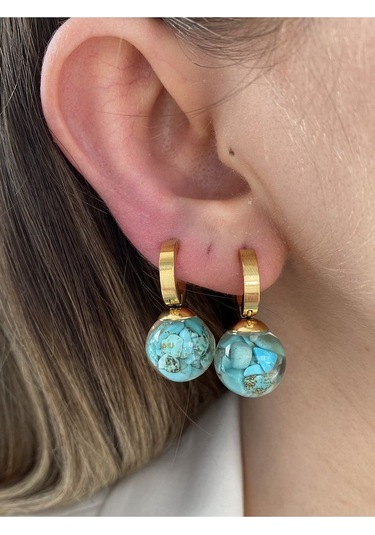 Mavi Taşlı Yuvarlak Sallantılı Çelik Kararmaz Gold Kaplama Küpe Ç