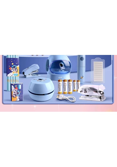 Ikkb Yeni Çocuk Öğrenme Malzemeleri Elektrikli Kırtasiye Seti Hediye Kutusu Çift Güç Modeli-12 Parça Set Roket Astronot Lüks Hediye Kutusu Mavi