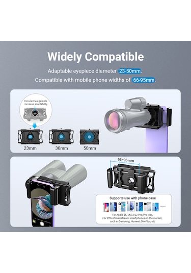 Yaozixa Apexel Apl-f002x Teleskop Telefon Bağlantısı: 23-50mm Gözlük Çapı, 66-95mm Telefon Genişliği, Bluetooth Şerit, Siyah Pa+gf Malzeme