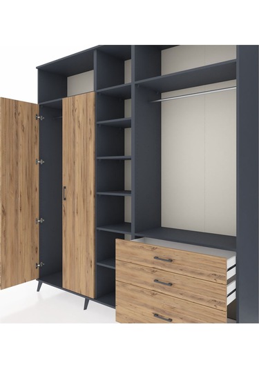 Hyperion Dolap 9 Raflı 3 Çekmeceli 2 Askılı 220x44x243 Antrasit-çam/çam Atlas Çam/atlas Çam
