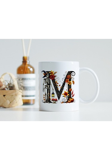 M Harfi Şapkalı İskelet Figürlü Ve Çiçekli Kupa Bardak - Cadılar Bayramı / Halloween Özel Hediye Beyaz