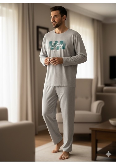 Erkek Uzun Kol Pijama Takım Açık Gri