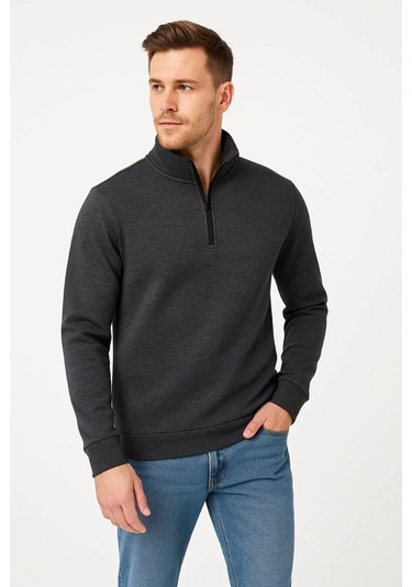 Erkek Dik Yaka Sweatshirt Dik Yaka Yarım Fermuarlı 3 İplik Şardonlu Pamuk Kumaş - Antrasit Antrasit