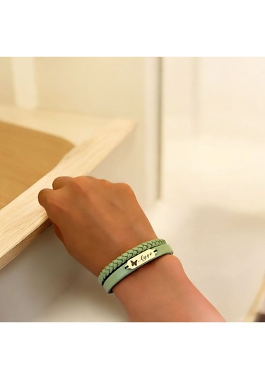 Ayşe İsmine Özel Kelebek Figürlü 14 Ayar Altın Plakalı Doğal Yeşil Derili Hediye Bileklik-660isim Ayşe