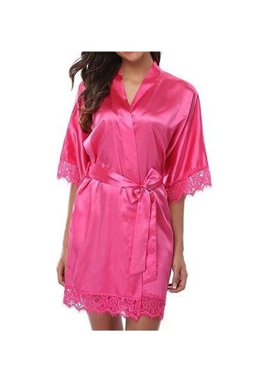 Sones Yarım Kollu Bornoz Kadın Sahte İpek Pijama Gece Elbisesi Gül Kırmızısı Kırmızı