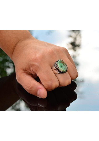 Gerçek Arizona Yeşil Turkuaz Taşı Yüzük, 925 Ayar Gümüş Yüzük Erkekler İçin Gümüş