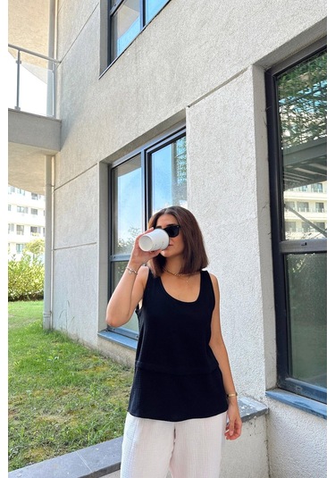 Siyah İthal Müslin Kumaş, Basic, Katlı, Salaş Askılı Bluz & Atlet Siyah