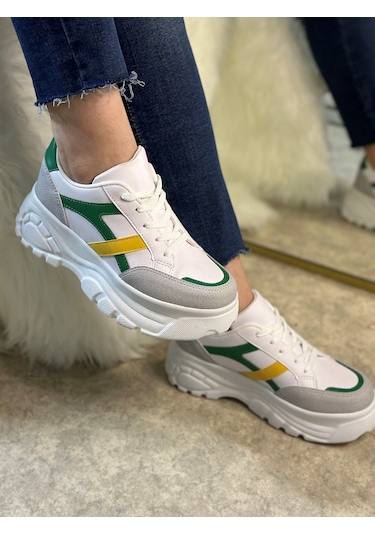 Günlük Kadın Sneaker Kalın Yüksek Taban Bağcıklı Rahat Tiger Şeritli Spor Ayakkabı 032 09-taş Yeşil Sarı
