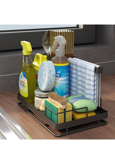 Moveevo Banyo Mutfak Sulama Kuyusu Organizerı: Çelik Rustsuz Su Biriktirici Tabla, Fırça-sünger Bezi Saklama Rafları, Ayrıntılı Bölmeli Usable Tasarım Siyah