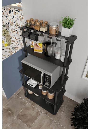 Dekoratif Masivo Mıkrodalga Esspresso 4 Katlı 33 Cmx68 Cm Dikdörtgen Çok Amaçlı Raf Siyah Siyah