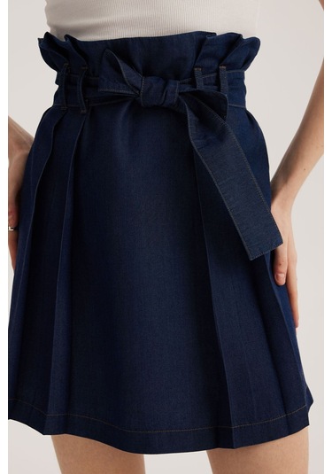 Stella Pulvis Mavi Yüksek Bel Pileli Kot Etek Mavi