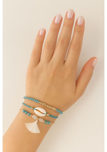 3lü Deniz Kabuklu İncili Püsküllü Asansörlü Lastikli Turkuaz İp Bileklik. Kadın İp Bileklik Halhal Çok Renkli