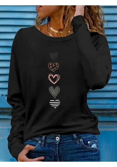 Kadın Uzun Kollu Bisiklet Yaka Desenli Viskon Bluz Siyah