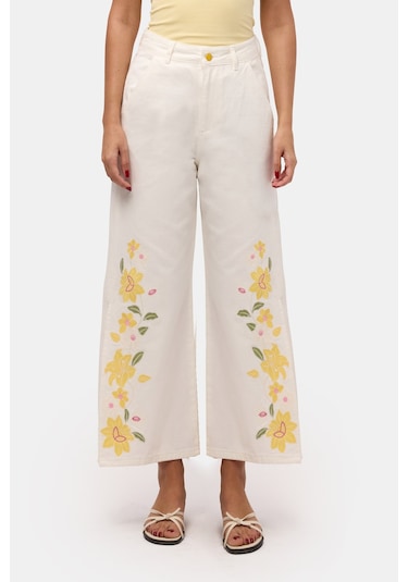 Itsbasic Kadın Kırık Beyaz 7s6-101 Culotte Fit Çiçek Nakışlı Tasarım Denim Jean