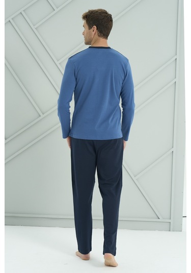 Erkek Interlok Penye Uzun Kol Pijama Takımı 2213 Saks Saks Mavi