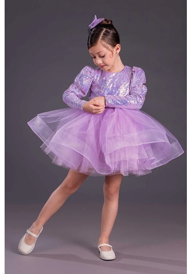 Uzun Kol Balerin Elbise Tütü Etek Pul Payetli Lila