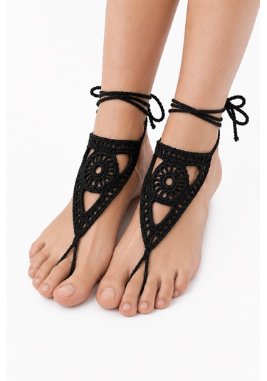 Boho Stil Barefoot Sandal El Yapımı Siyah Ayak Aksesuarı Çift