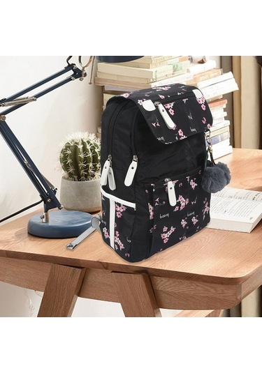 Createtech Wbp2245 Siyah Kadın Okul Çantası - Kiraz Desenli, Trendy 47801535 Siyah