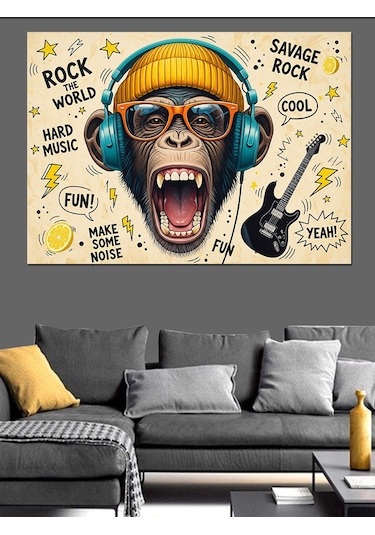 Kulaklıklı Maymun Müzik Dinliyor Dekoratif Kanvas - Mdf Ahşap Tablo