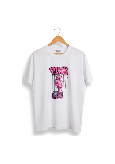 Pembe Panter Baskılı Oversize Erkek Pamuklu T-shirt Beyaz