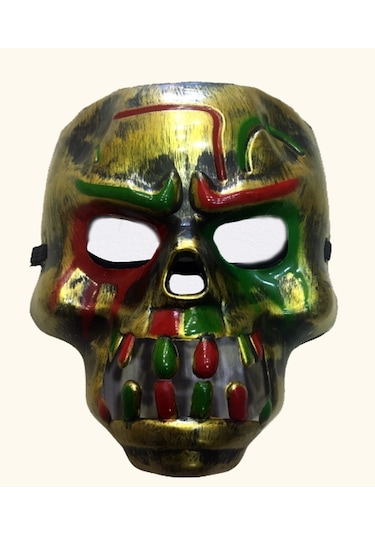 Kırmızı Kanlı Dişli Dracula Kafatası Maskesi Altın Renk Altın
