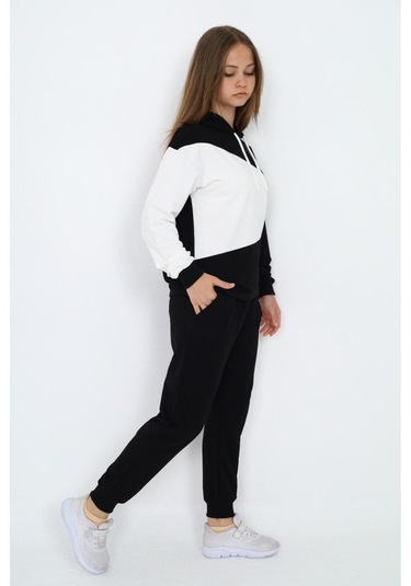 Kız Çocuk %100 Pamuk Garnili Kapüşonlu Uzun Kol Alt&üst Eşofman Takım-eşt-0018 Siyah